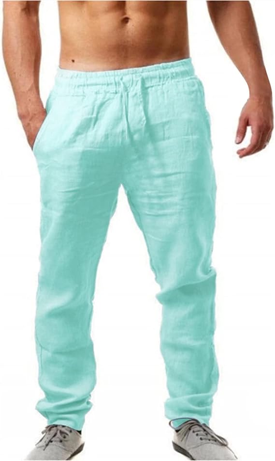 Chinos Pants Men Linen Solid Drawstring Elastic Waist Loose Straight Summer Comfy Casual Pocket Pants
