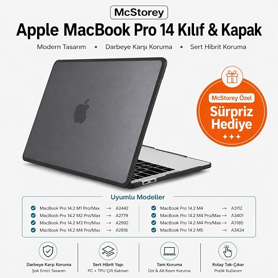 McStorey MacBook Pro 14.2 İnç Kılıf A2442 A2779 A2918 A2992 A3112 A3401 A3185 A3434 A3426 A3427 Uyumlu Shockproof Rugged Hard Case TPU Bumper Darbe Korumalı Hibrit Sert Kapak Siyah