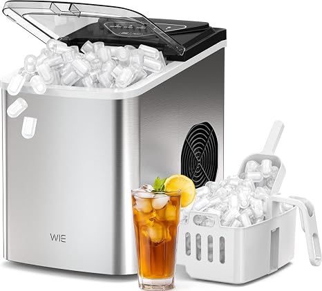WIE Ice Maker Machine 15KG/24H, 6 Mins Fast Ice, 2L Water Tank | Self-Cleaning Countertop Ice Maker with Basket & Scoop, Portable Ice Cube Maker for Home, Party, RV & Office, Stainless Steel