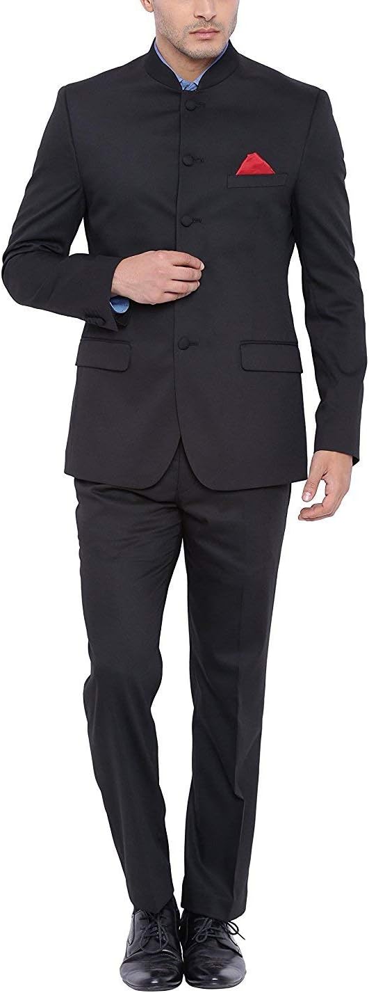 Silver Lining Men's Black Nehru Grandad Collar Suit Ideal for Weddings (42" Jacket/36 Trouser)