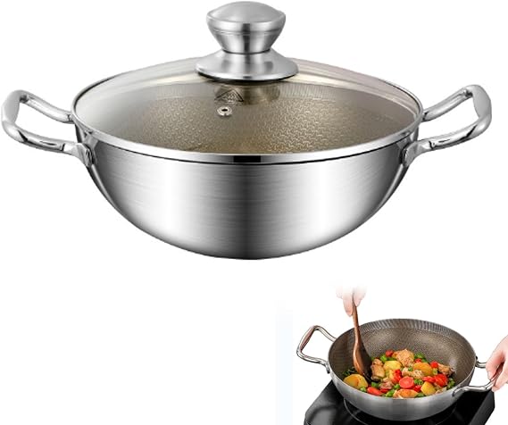 Titanium Hammered Wok with Double Handles, Multifunctional Ultra-Durable Scratch-Resistant Non Stick Even Heating Titanium Wok for Cooking,with Lid,10.23in