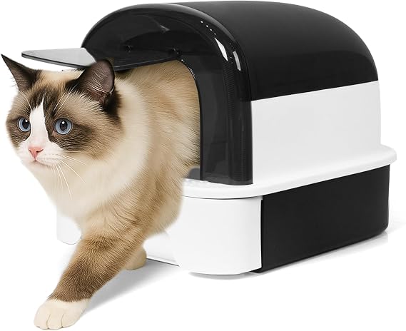 Enclosed Litter Box with Front Door Flap and Scoop, Covered Kitty Litter Box with Handle and Buckles for Portability and Privacy (Shining Black)
