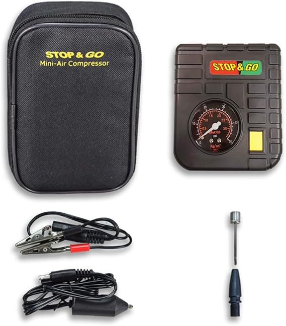 Stop & Go RCP Compact Mini-Air Compressor with 12V Car Adapter & Built in LED Light for Motorcycle, Scooter, ATV, UTV, Golf Cart, Lawn Mower