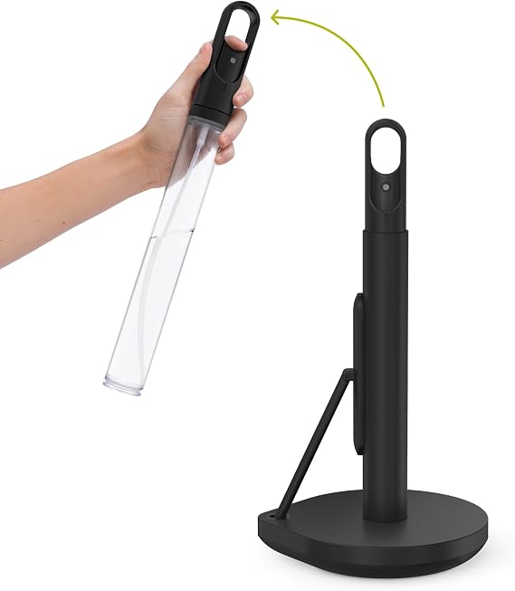 simplehuman Paper Towel Holder with Spray, All-in-One Countertop Paper Towel and Cleaner Dispenser, 6 oz Refillable Pump, One-Handed Tear, Weighted Base, Black