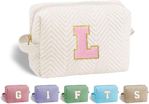 YOOLIFE Birthday Gifts 5 6 7 8 9 10 11 12 13 14 15 16 Year Old Girl, Stocking Stuffers for Girls Teen Kids, White Initial Makeup Bag for Girls L