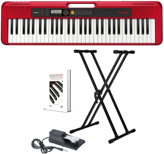 Casio Casiotone CT-S200 61-Key Portable Digital Keyboard (Red) Bundle with Adjustable Double X Keyboard Stand, Keyboard Piano Style Sustain Pedal, and Learning & Playing Book (4 Items)