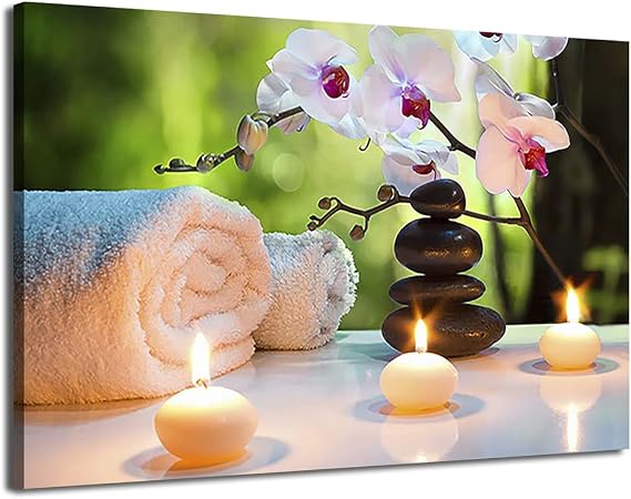 HPUXSYIO Canvas Print Wall Art Massage Stones, Candles & Orchid Flowers Floral Botanical Photography Realism Wall Decor for Living Room, Bedroom, Office (Framed - Ready to Hang,8x12inch)