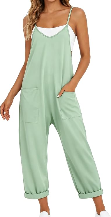 Buauty Jumpsuits for Women Casual V Neck Sleeveless Baggy Overalls Spaghetti Strap Jumpers with Pockets Summer Romper Clothes