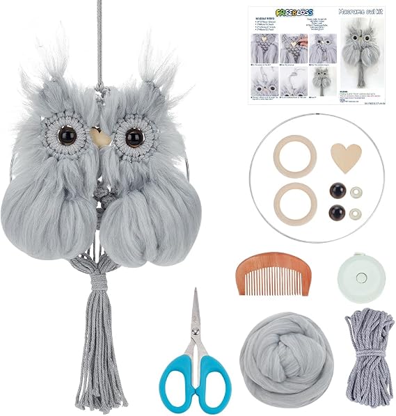 FREEBLOSS DIY Plush Owl Grey Macrame Owl Kit Macrame Wall Hanging Art Macrame Wall Hanging Kit Beginner Macrame Kit with Video Tutorials Macrame Owls Decor for Home