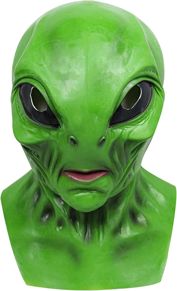 Green Alien Mask Realistic Full Head Alien Mask Halloween Cosplay Adults | One size, adult, creepy monster mask, latex, full head, breathable, wide vision, Halloween costume, carnival, cosplay props