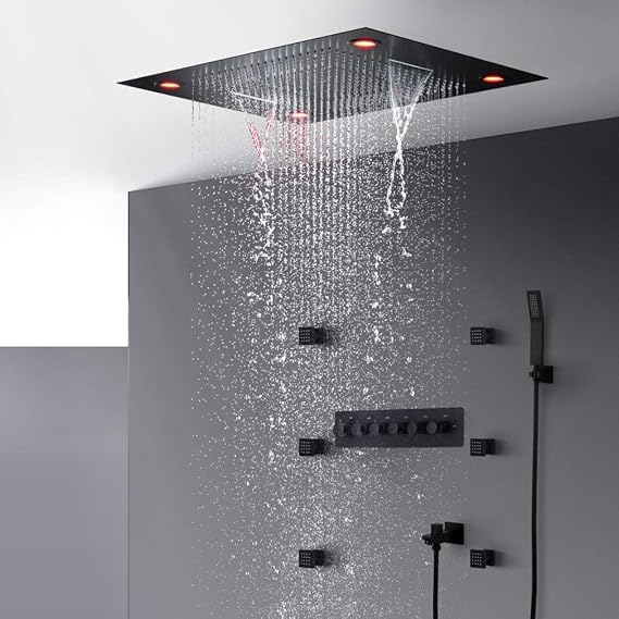 Cascada Luxury 23"x31" Rectangle Ceiling Mounted 6 Function Electronic LED Rain Shower With Waterfall, Rainfall, Rain Curtain, Mix Mode and Body Jets Matt Black