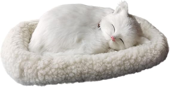 Realistic Cat Interactive Sleeping – Breathing Toy Cat with Mat, Accompanied Furry Stuffed Animals for Kids Adults (White)