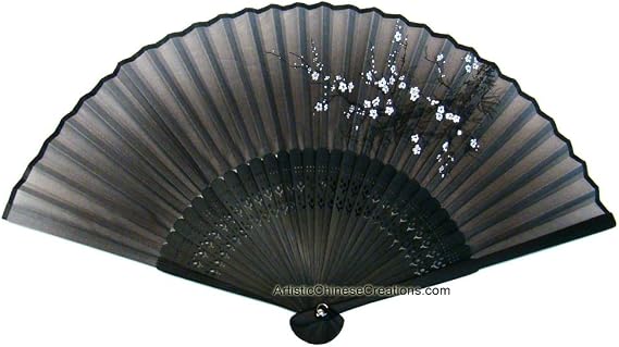 Chinese Hand Fan - Plum Blossom - Black- Sheer Cloth/Bamboo - Chinese Folding Fan