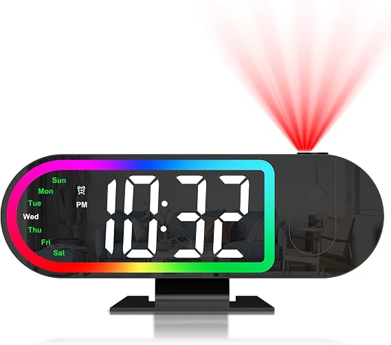 Projection Alarm Clock for Bedroom Ceiling, 8.5" Large Display Alarm Clock with 180 Rotatable Projector, 4 Brightness, 17 Ambient Light, Temp & Weekday, Snooze, Digital Clocks for Home Decor