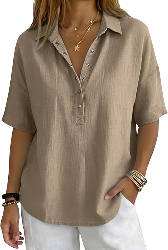 Cotton Linen Tops for Women - 2026 Summer Gauze Shirts Button Down V Neck Half Sleeve Blouses Dressy Casual Clothes