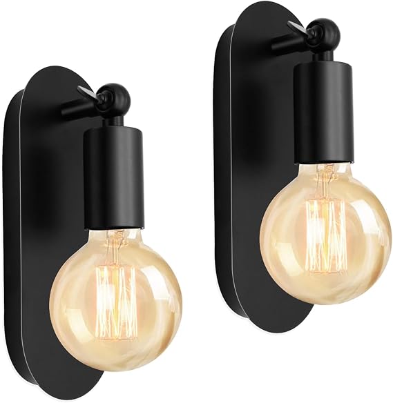 2 Pack E27 Vintage Indoor Wall Lamp, Adjustable Industrial Wall Lights, Black Metal Wall Sconce for Bedroom, Bedside Wall Light, Rotatable Wall Spotlights, Bathroom Mirror Vanity Light, No Bulb [Energy Class E]