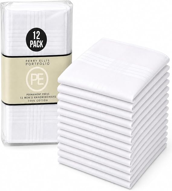 Perry Ellis 12 Pack Handkerchief (100% Cotton White with Satin Border, 16" x 16")