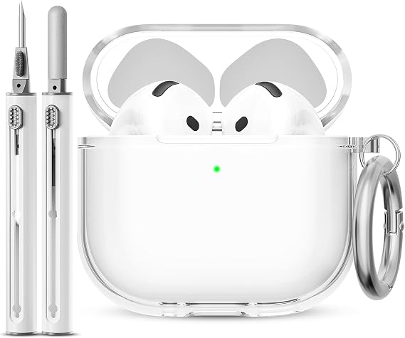 EQD for AirPods 4 Case Clear, with Cleaning Kit and Keyring, White | Shockproof TPU Transparent Cover for AirPods 4th Generation, Compatible with Wireless Charging