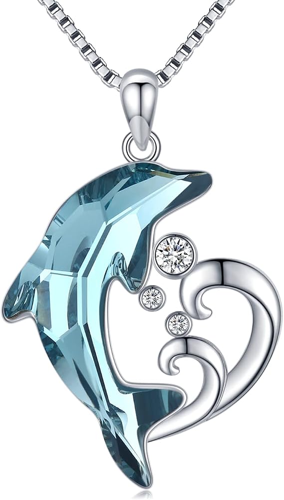 Midir&Etain Dolphin Necklace 925 Sterling Silver Blue Crystal Dolphin Pendant Necklace Beach Themes Jewellery Birthday Gifts for Women Girlfriend