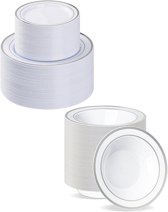 BESTVIP 200PCS Silver Plastic Plate & 100PCS Whit Bowls, Disposable Party 100 Dinner Plates and 100 Dessert Plates, Plastic Plates & Bowls for Party, Wedding and Birthday