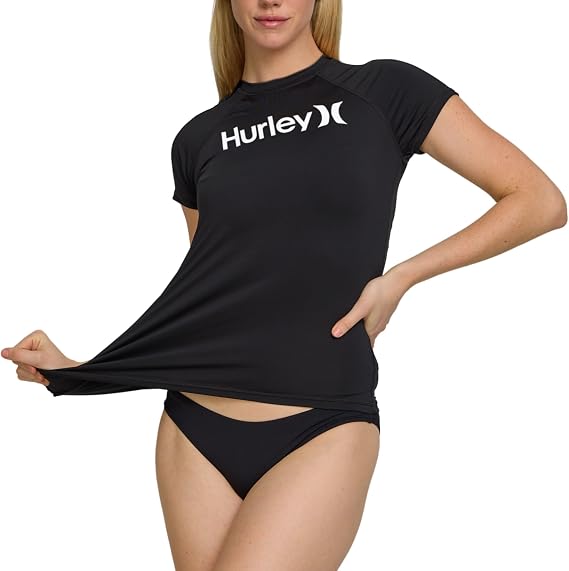 Hurley Women's Short Sleeve Rash Guard, UPF 50+ Quick Dry Swim Shirt | UPF 50+ Sun & UV Protection, Quick-Dry Fabric, Form-Fitting Stretch, Seamless Silhouette, Hurley Graphic Chest Logo