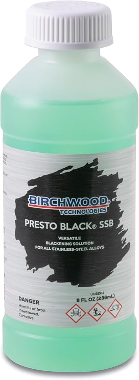 Birchwood Presto Black Stainless Steel Blackener (SSB) - cold brush on blackening solution for STAINLESS alloys, traditional patina stainless black