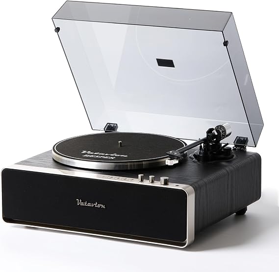 VATAVION-Vinyl-Record-Player-with-Ambient Light, High Fidelity Speakers, 2-Speed Belt Drive Turntables for Vinyl Records, Magnetic Cartridge AT-3600L, Bluetooth Out & Input, Auto Stop (Black)