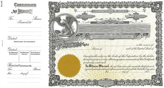 Printable Goes 50 Corporation Stock Certificate for Shareholders, 5 Pack | Horizontal stock certificates 5 pack. Premium eagle lithograph, security paper. 8.5 by 15 inch sheets. Blank form.