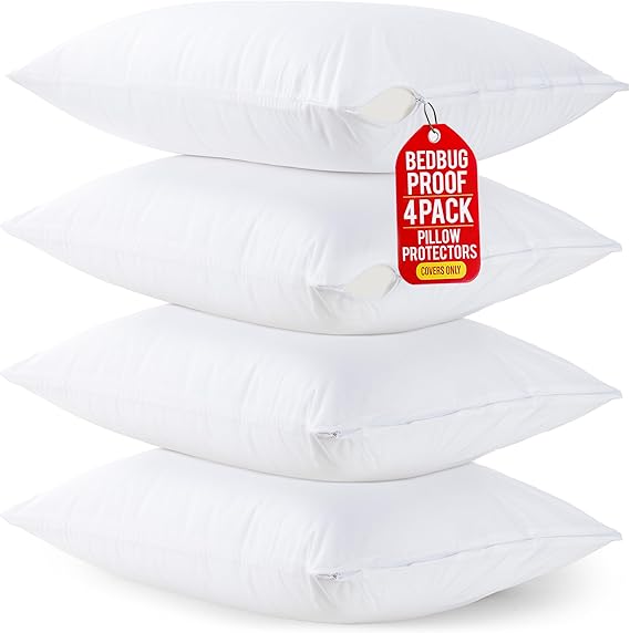 Set of 4 Pillow Protectors with Zipper Standard Size, Bed Bug and Dust Mite Proof Pillow Covers, Ultra Soft Pillow Encasements, Moisture Wicking and Waterproof Pillow Cases by Utopia Bedding (White)