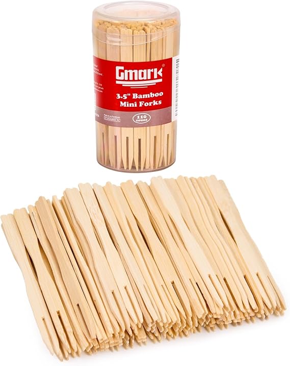 Gmark Premium Thick & Sturdy Natural Bamboo Double Prongs Mini Forks 3.5 Inch 110pc, Fruit Picks/Cocktail Forks/Party Forks/Buffet Forks/Cocktail Picks for Appetizer, Cocktail, Pastry GM1031A