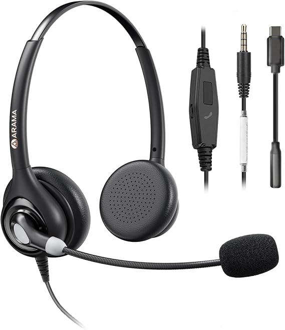 Arama Cell Phone Headset with Mic, 3.5mm Wired, USB-C Adapter
