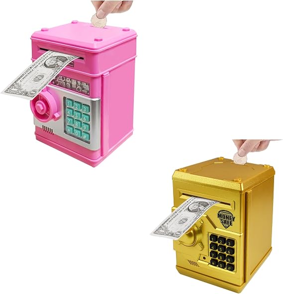 Piggy Bank Electronic Mini ATM for Kids Baby Toy, Safe Coin Banks Money Saving Box Password Code Lock for Children,Boys Girls Best Gift (Pink+ Gold)