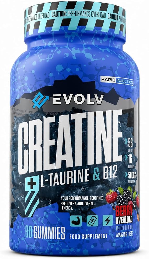 Creatine Monohydrate Gummies + L-Taurine & B12 | 90 Vegan | Overload Creatine Gummies 5000mg | Pre Workout & Post Workout Energy for Men & Women | Sugar-Free Creatine Max