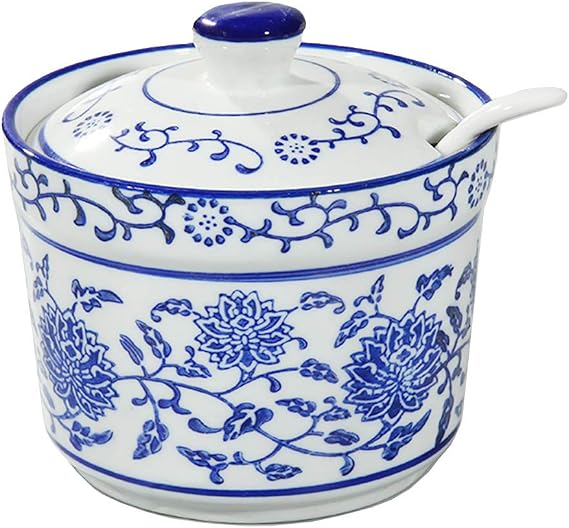 Ceramic Sugar Bowl Flower Relief Seasoning Jar Spice Jar with Lid and Spoon