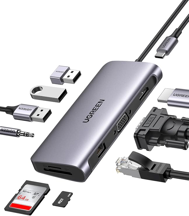 UGREEN USB C Hub, 10-in-1 USB Hub, Type-C 4K, HDMI & VGA Output, 100W, Power Delivery, 1Gbps, Gigabit Ethernet, LAN Ports, 3 x USB 3.0 Ports, 3.5 mm Ports, SD/MicroSD Card Reader Slot, Docking Station, Compatible with MacBook Pro, iPad Pro, iMac, Dell HP, etc