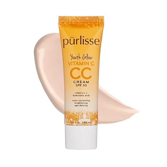 purlisse Youth Glow Vitamin C CC Cream SPF 50 - Radiant Finish Tinted Moisturizer - Korean Skin Care Formula with Hyaluronic Acid & Vitamin C to Hydrate, Brighten & Even Skin - Fair (1.4 oz)