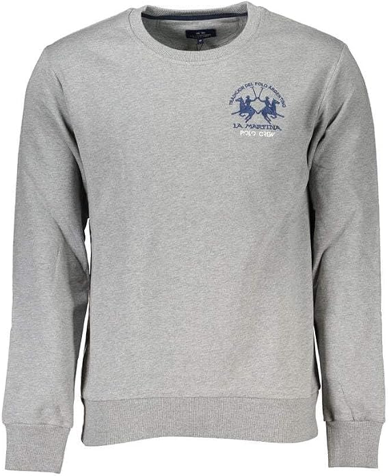 La Martina Embroidered Cotton Crewneck Men's Sweater Gray, X-Large