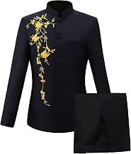 Mens 2 Pieces Chinese Tunic Suit Mandarin Collar Slim Fit Blazer Jacket Pants Suits Uniform Dress for Wedding Prom