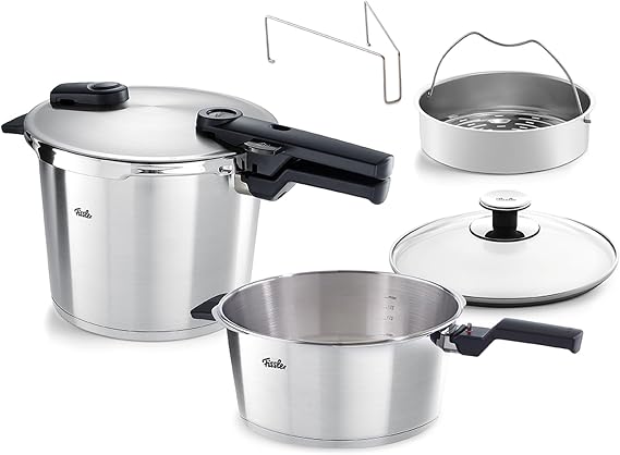 Fissler Vitaquick Premium 3 Piece Pressure Cooker Set, 3.7 Quart and 6.3 Quart with Glass Lid, 18/10 Stainless Steel, Compatible with Induction, Gas, Electric Cooktops