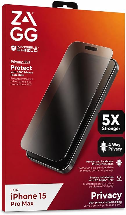 ZAGG Elite Privacy 360 Glass Screen Protector for iPhone 15 Pro Max - 5X Stronger Tempered Glass, 4-Way Privacy Filter, Scratch Protection, Smudge-Resistant, Easy to Install, InvisibleShield - Clear
