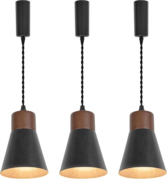 Set Three Adjusted Cable H-Type Track Lamp Walnut Base Metal Black Shade Retro Pendant Lighting for Kitchen Dining Room(No Bulb, Track)