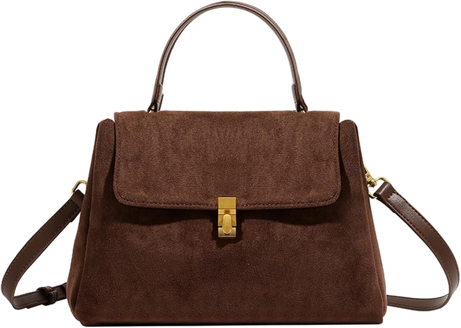 Vintage Suede Top-Handle Bag, Shoulder Crossbody Tote, Classic Purse