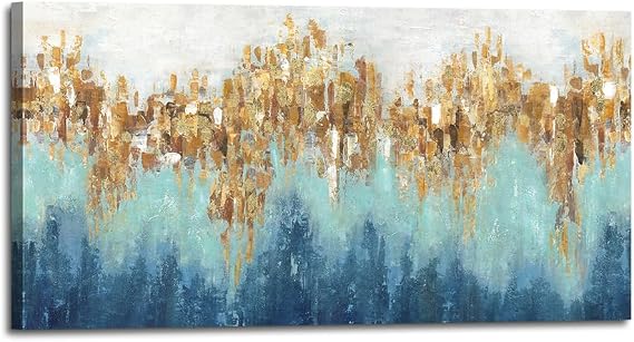 Inpraradiso Wall Art Canvas Abstract Picture: Living Room Bedroom Blue Gold Picture Modern Navy Teal Oil Painting Contemporary Textured Print Artwork for Home Office Bathroom Decor 48 x 24