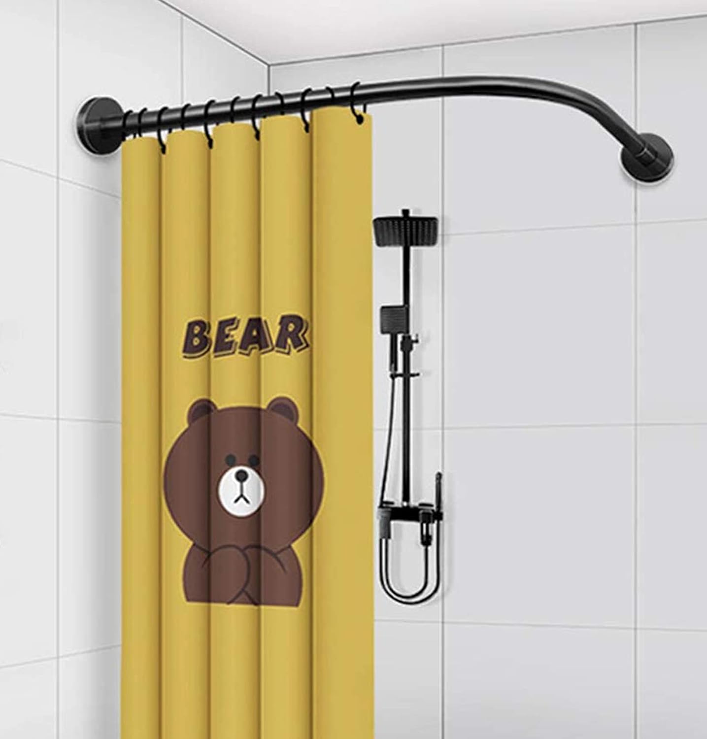 Curved Shower Curtain Rod Suction Cups L-Shaped No Drilling, Bathroom Bathtub Bath Corner Curtain Rail Bar Adjustable Extendable Stainless Steel PoleColor:70-95cmx70-95cm