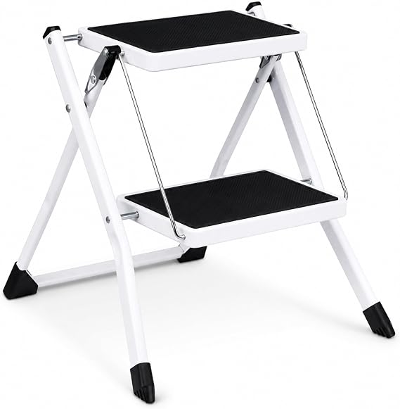 Katlanabilir Metal Basamaklı Tabure Merdiven, 2 Basamaklı Kaymaz Yüzeyli 150 kg Kapasiteli Kompakt Katlanır Ev Ofis Mutfak Banyo Depo İçin Hafif Taşınabilir İnce Saklamalı Yardımcı Merdiven Dayanıklı