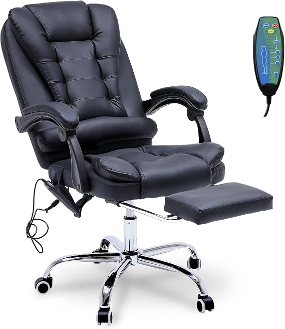 Reclining Office Chair with Massage, Ergonomic Office Chair w/Foot Rest, PU Leather Executive Computer Chair w/Heated, Padded Armrest, High Back Swivel Recliner for Office Home Study (Black)