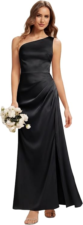 Ever-Pretty Women's One-Shoulder Satin Bridesmaid Dress withHigh Slit Maxi Gown for Wedding Guest 02712