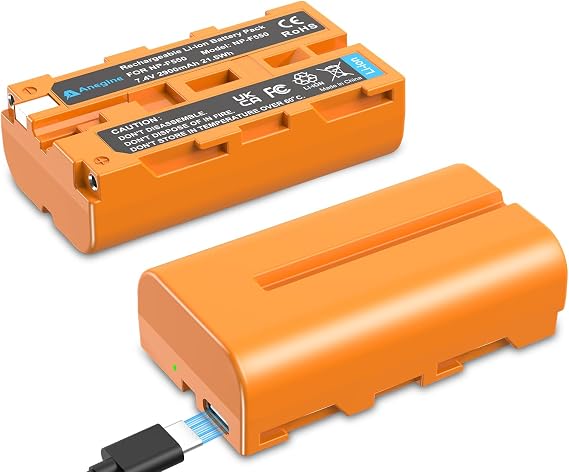 anegine NP-F550 Battery 2900mAh and 2 in 1 USB-C Charging Cable for Sony NP-F970 F750 F550 F330 F530 F570 F770 F960 TR516 TR716 TR818 TR910 TR917 for LED Light, Monitor, Camcorder 2-Pack (Orange)