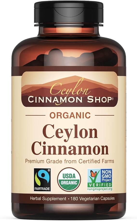 Organic Ceylon Cinnamon Capsules, USDA Certified Supplement, 180 Count