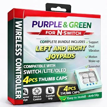 3-IN-1/Pack Wireless/Controller & Accessories for N-S Consoles, with Wrist Straps, Protective Case & Joystick Caps, Support /Dual Vibration/Motion/Wake-up/Screenshot. [Purple & Green].